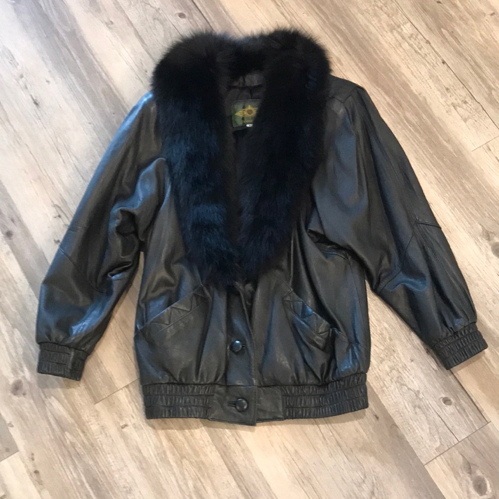 Vintage Avanti Black Leather Coat Fox Fur Collar Size Small